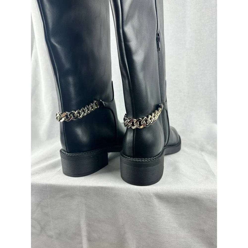 A New Day Women Black Knee High Boots‎ Silver Chain Detail Size 8 NWT
